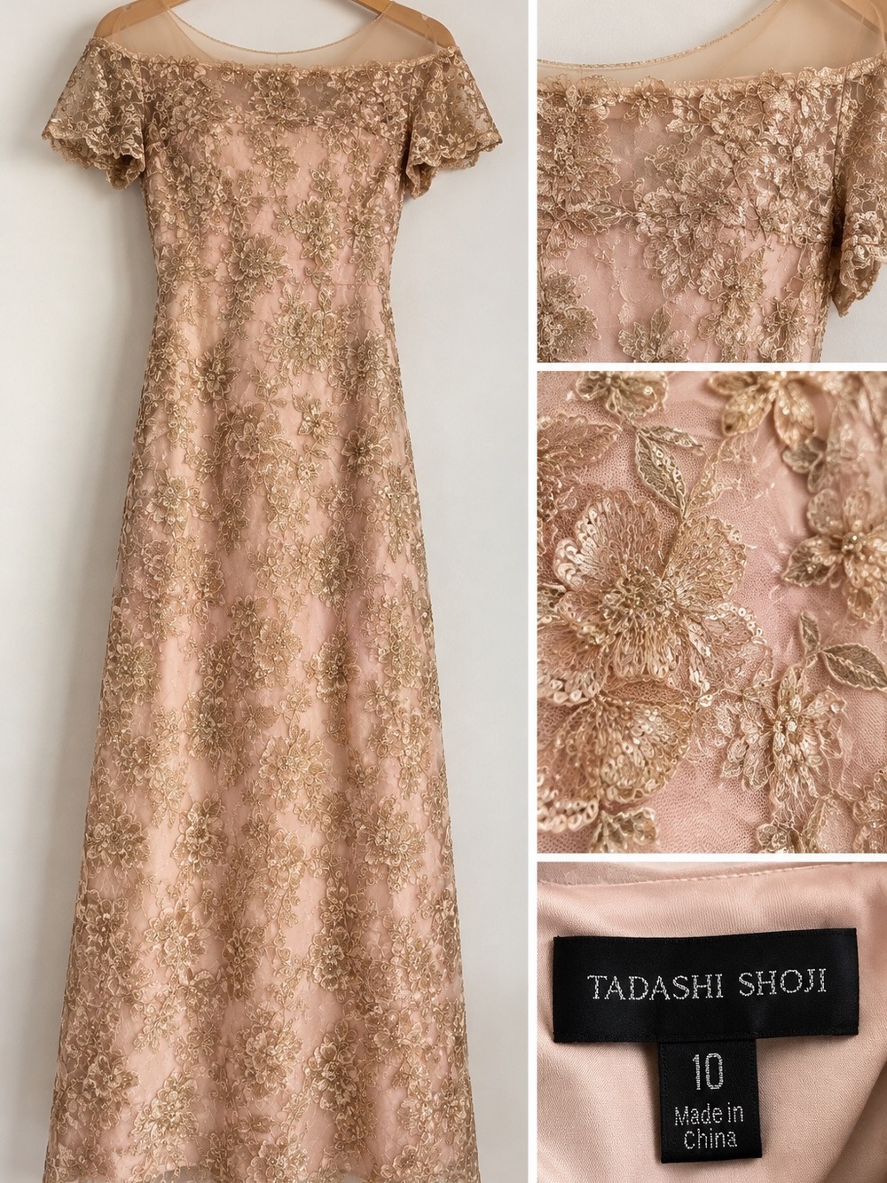 Tadashi Shoji Blush Pink Midi Dress with Gold Embroidery